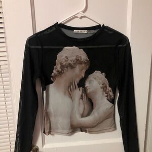 Alice + Olivia Black Sheer Mesh Top with Sculpture Motif Italian Romance Delaina